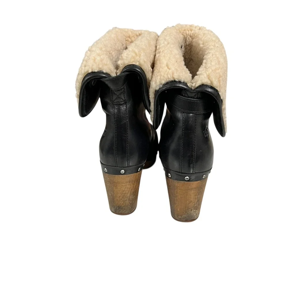 UGG Lynnea 1958 Shearling Clog Boots –‎ Black Leather Wood Heel Size 7